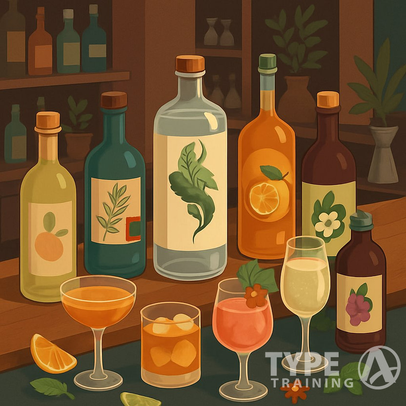 A detailed isometric illustration of a bar counter displaying a variety of colorful non-alcoholic beverage bottles and glasses with natural ingredients like citrus and herbs around them.