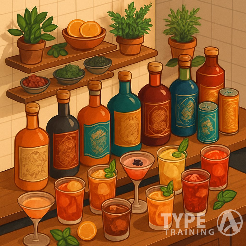 An isometric view of a bar counter displaying a variety of colorful non-alcoholic drinks in different bottles and glasses, surrounded by fresh ingredients and garnishes.
