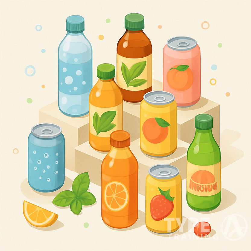 An arrangement of eight colorful non-alcoholic beverage bottles and cans displayed on a tiered stand with fruits and herbs around them.