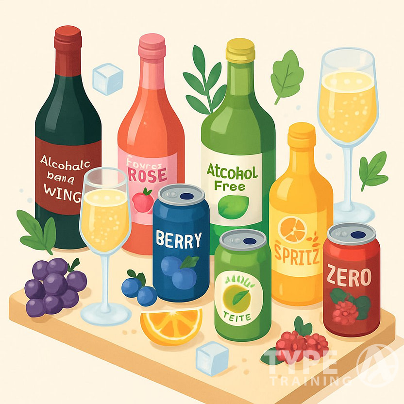 A colorful isometric illustration of eight different bottles and cans of non-alcoholic beverages displayed with fresh fruits and glasses filled with sparkling drinks.