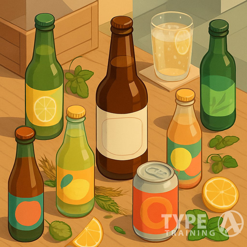 A variety of non-alcoholic beverage bottles and cans arranged on a wooden table with fresh ingredients like hops and citrus slices, viewed from an angled overhead perspective.