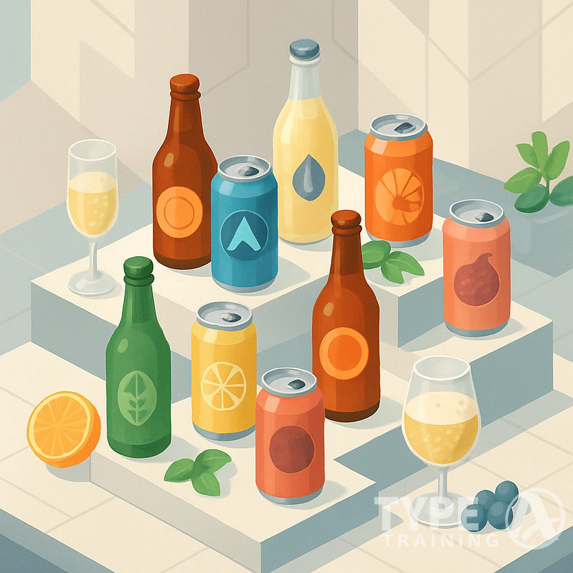 A bright room with eight different bottles and cans of non-alcoholic beverages arranged on a multi-level display table, surrounded by fresh fruits and glasses filled with drinks.