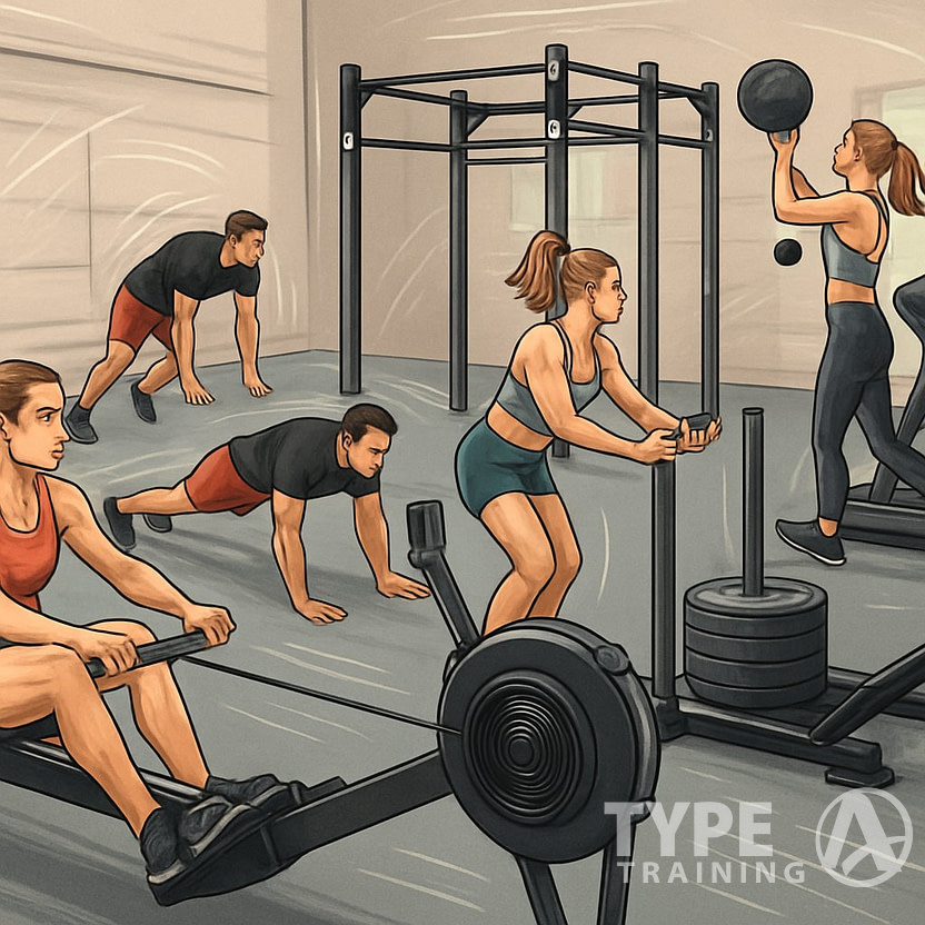 Athletes exercising at various functional workout stations inside a gym, performing different fitness activities in a spacious training area.