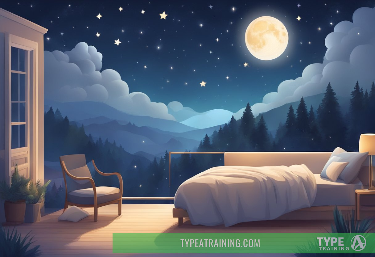 A serene night sky with a crescent moon and stars, overlooking a peaceful landscape with a sleeping figure in a cozy bed