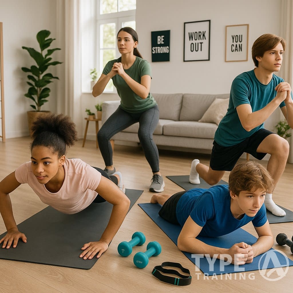 a group of people doing push ups in a living room
