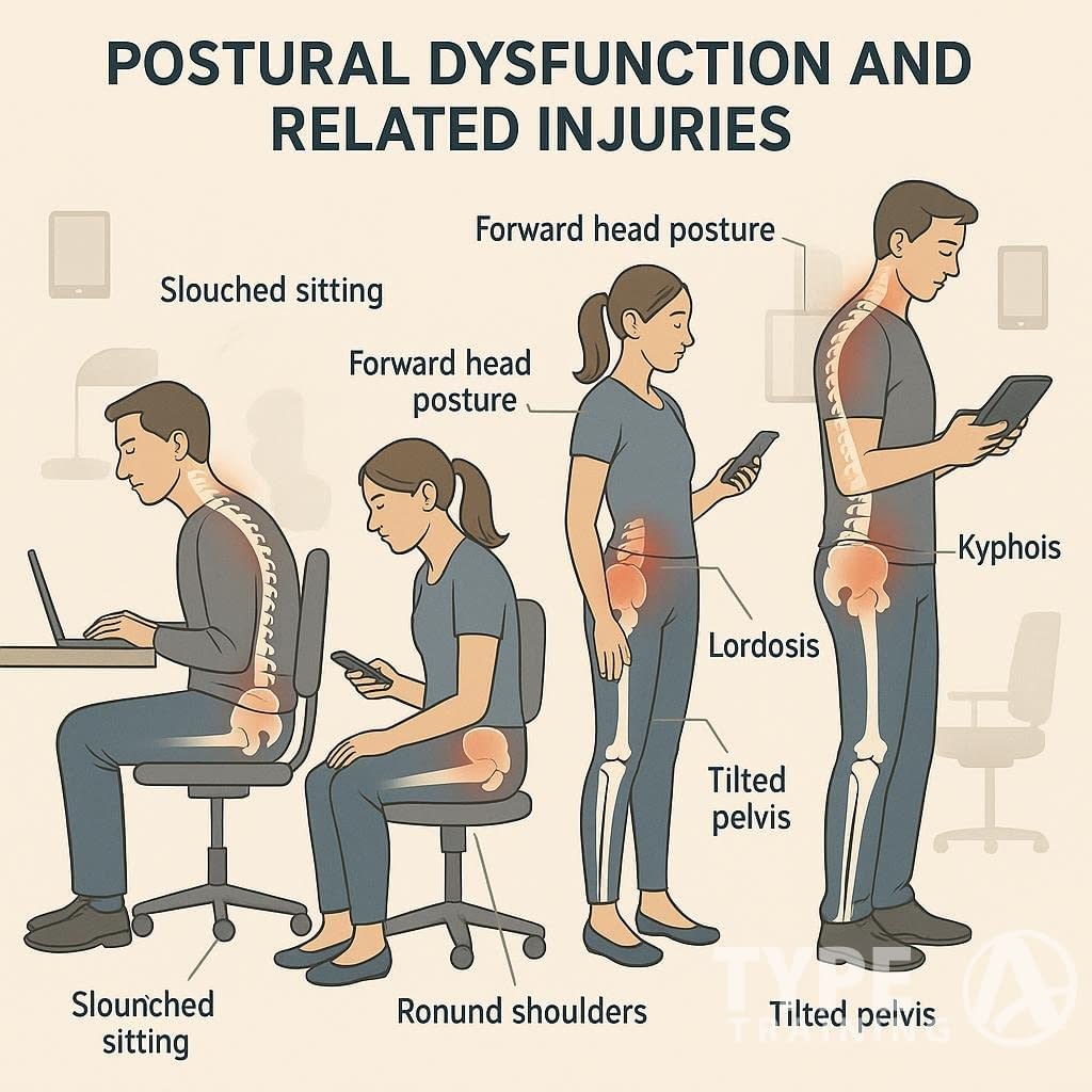 Illustration of postural dysfunctions and injuries.