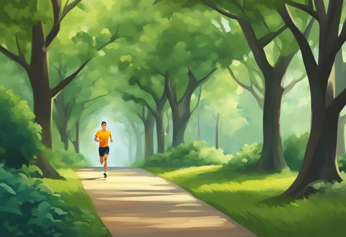 a man running on a path with trees