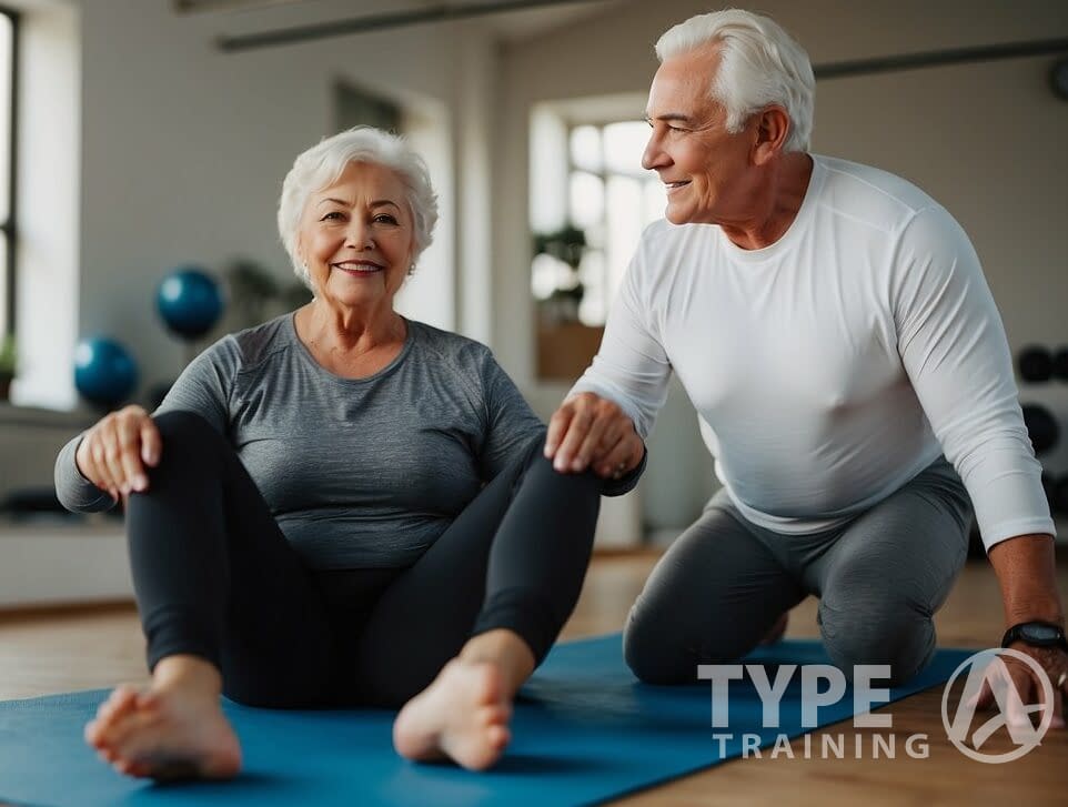 a man and woman sitting on a mat