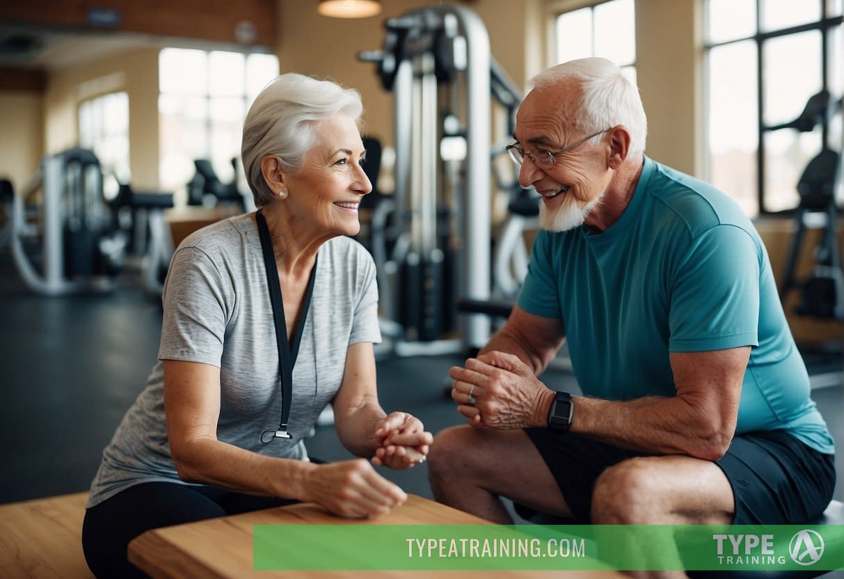 An elderly person sitting with a personal trainer, discussing exercise plans and goals in a bright, spacious gym setting