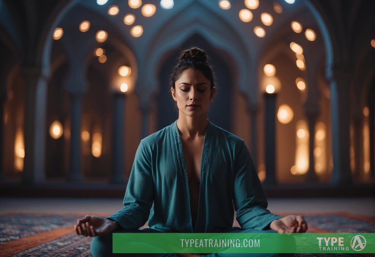 A person engages in a Mind, Body, and Spirit workout during Ramadan in 2024. The scene includes yoga poses, meditation, and deep breathing exercises