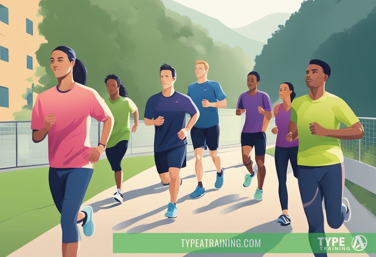 a group of people running