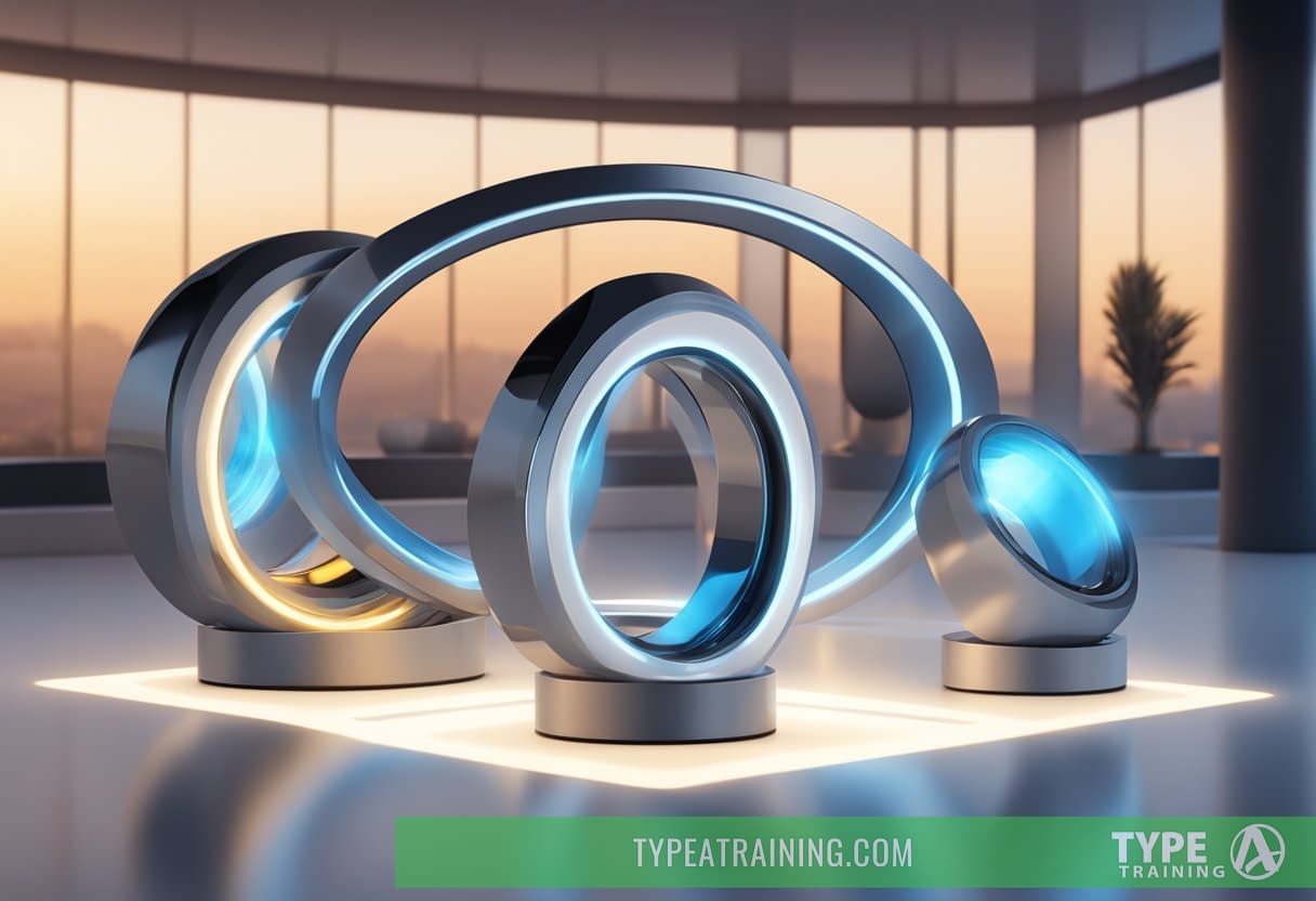 Several sleek smart rings displayed on a futuristic, illuminated pedestal. Each ring features advanced technology and stylish design