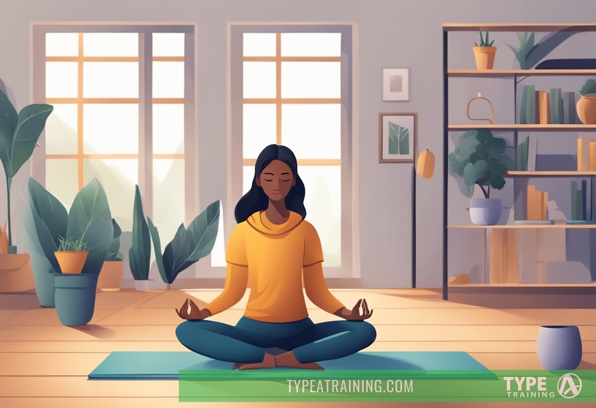 a woman sitting on a yoga mat in a room with plants