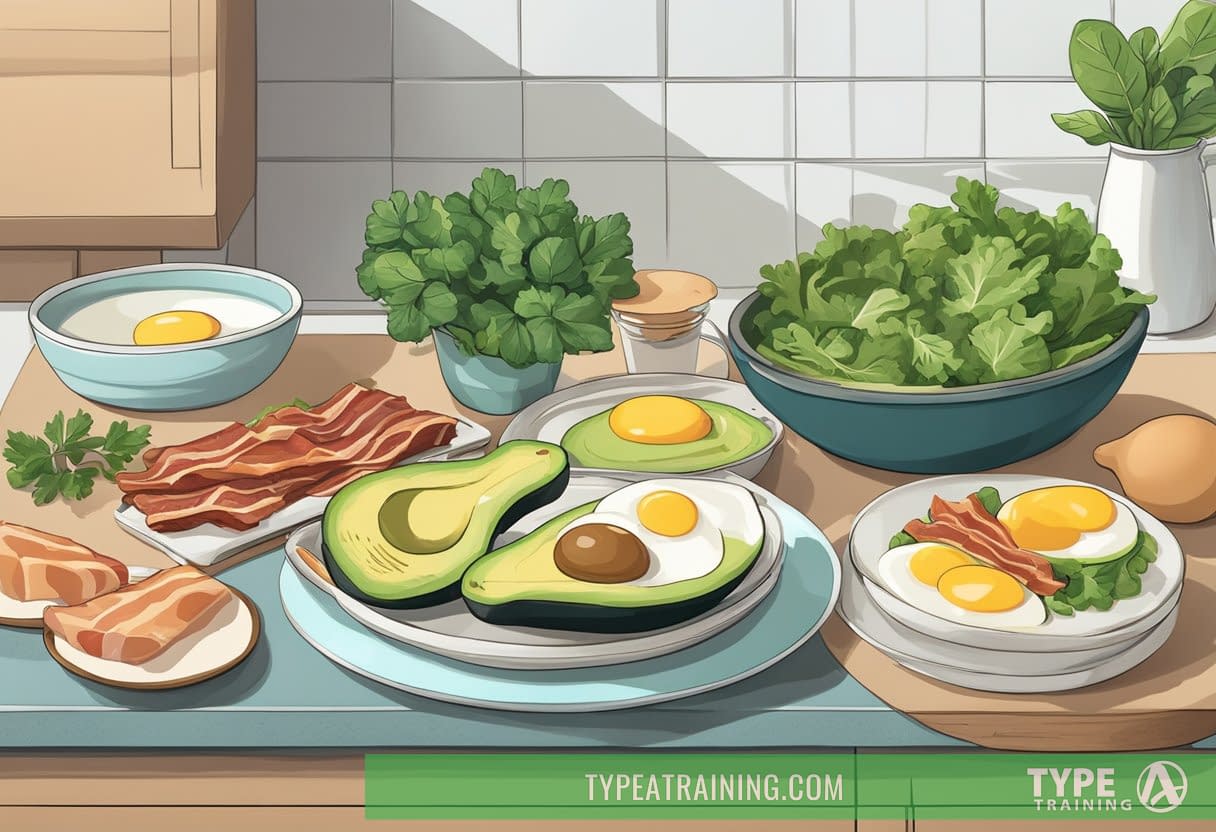 A table set with low-carb, high-fat foods like avocados, eggs, and bacon. A scale and measuring cups nearby. A stack of keto recipe books in the background