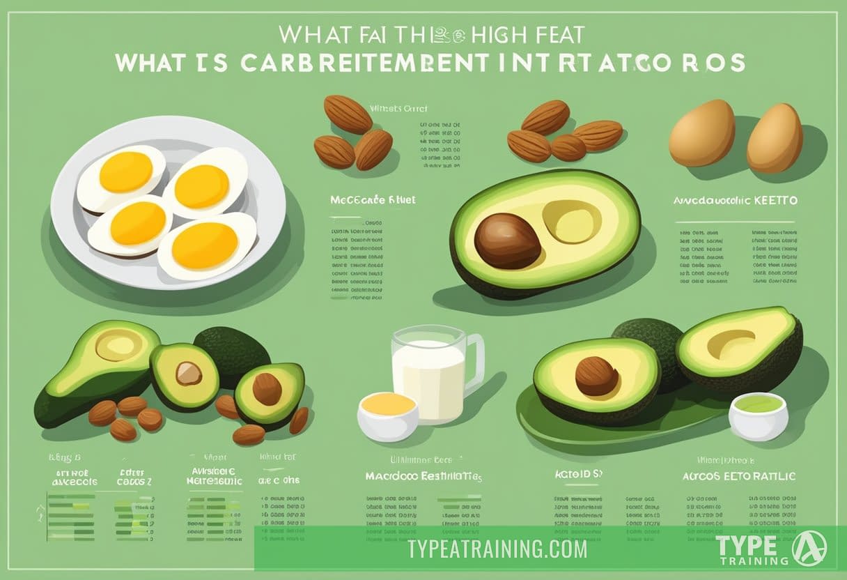 A table with various low-carb, high-fat foods, such as avocados, nuts, and eggs. A chart showing macronutrient ratios. Text: "What is the Ketogenic Diet? The Ultimate Keto Diet Guide Diet.