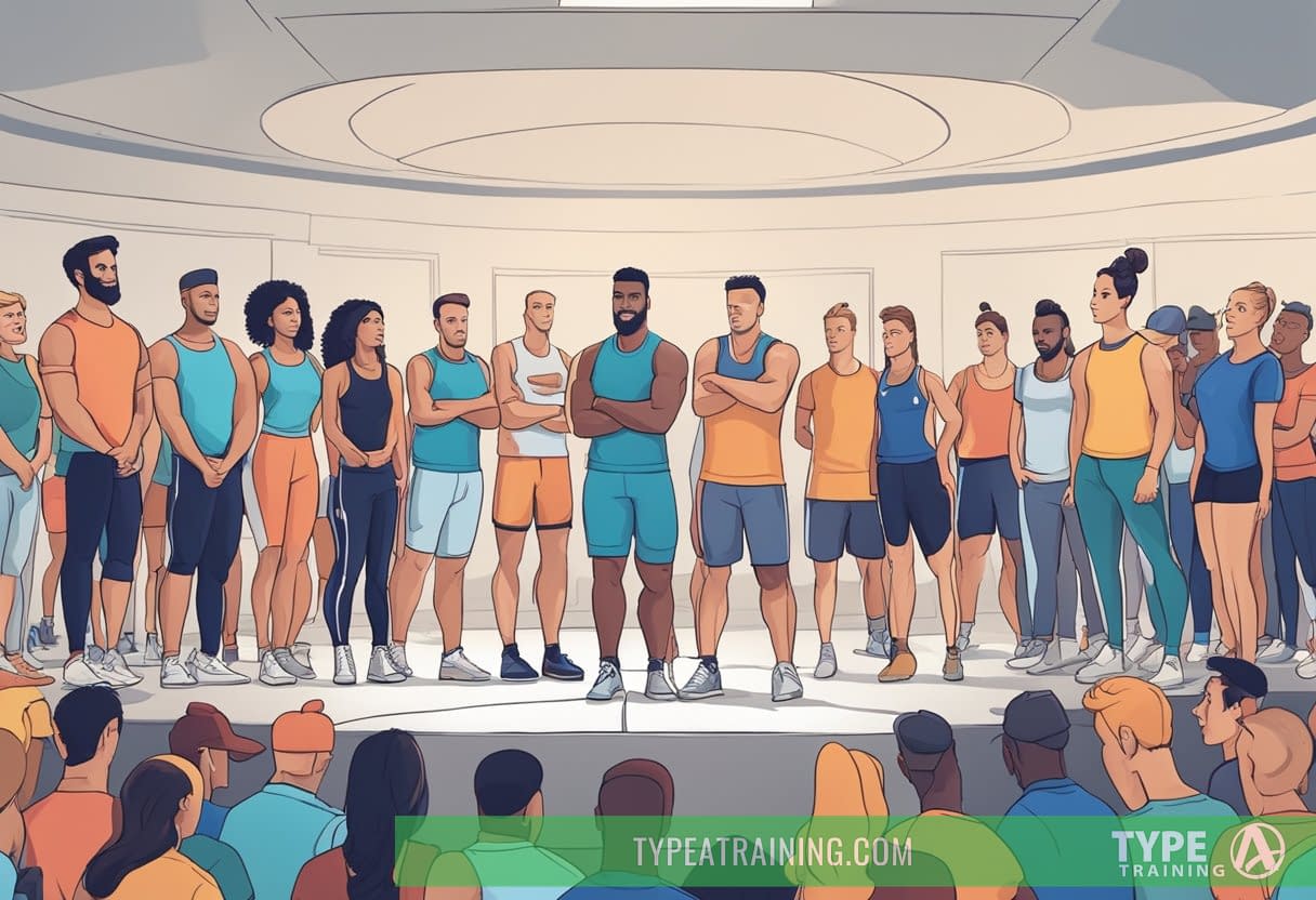 a group of people standing in a room with a crowd of people