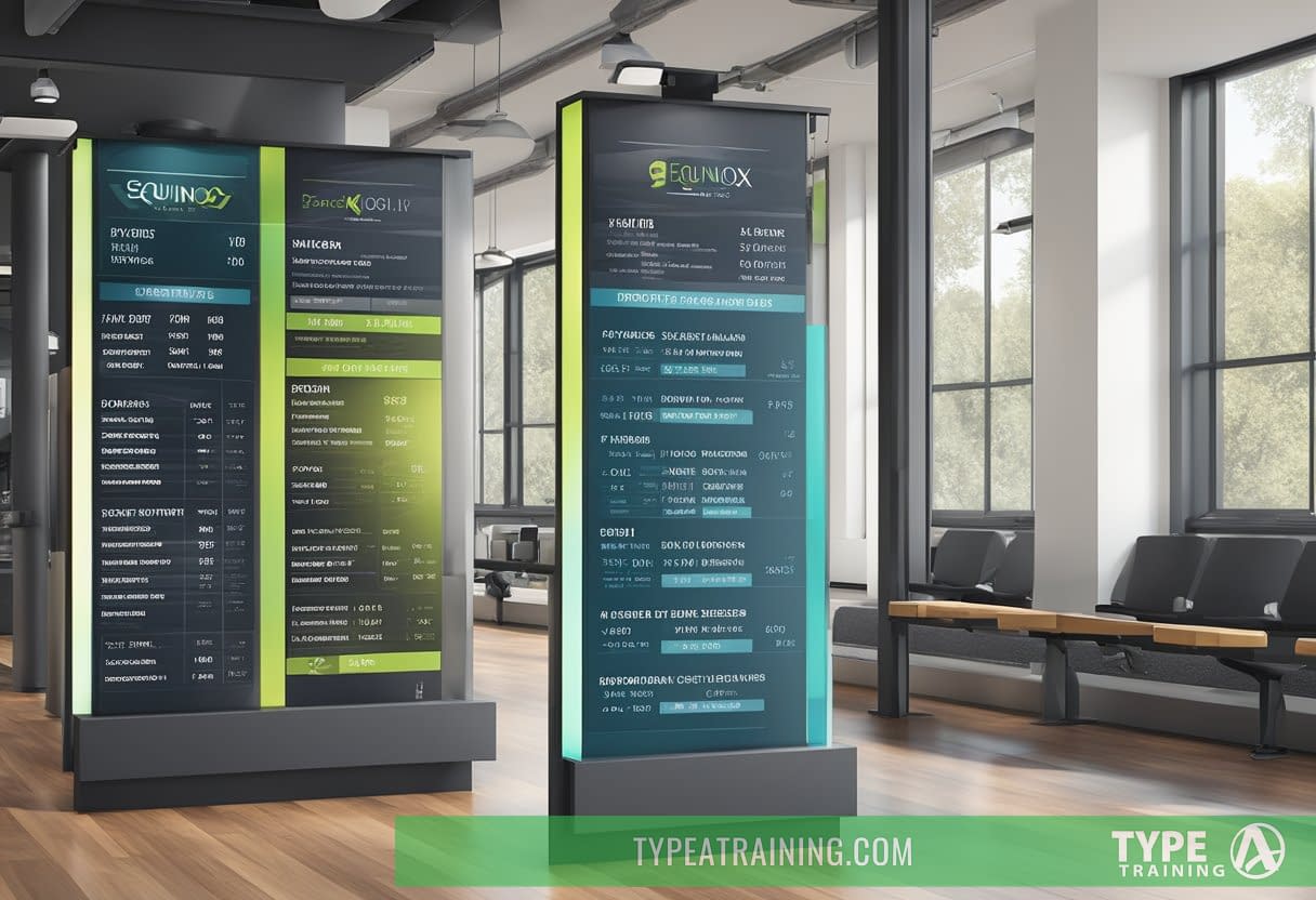 A price list displayed on a sleek, modern sign at Equinox gym, with bold, clear lettering and professional branding