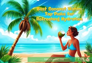 a woman drinking a coconut on a beach