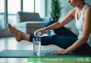 a woman sitting on a yoga mat pouring water into a glass