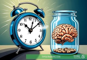 a clock and a jar with a brain inside