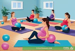 a group of pregnant women sitting on mats with exercise balls