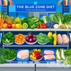 a fruit and vegetables on shelves representing a Blue Zone Diet