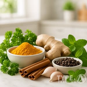 a group of spices and herbs on a counter