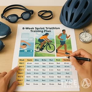 a person's hands writing on a paper with a picture of a man and a bicycle