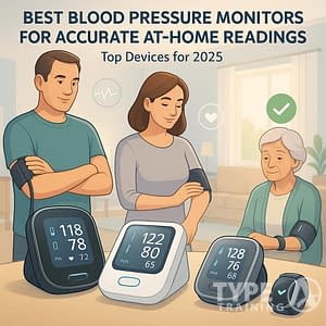 a group of people standing next to a table with digital blood pressure monitors