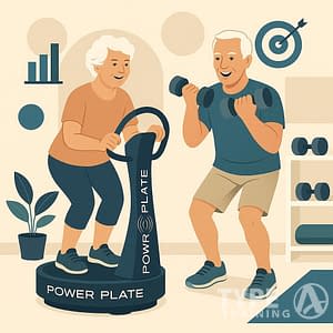 an old man and woman exercising