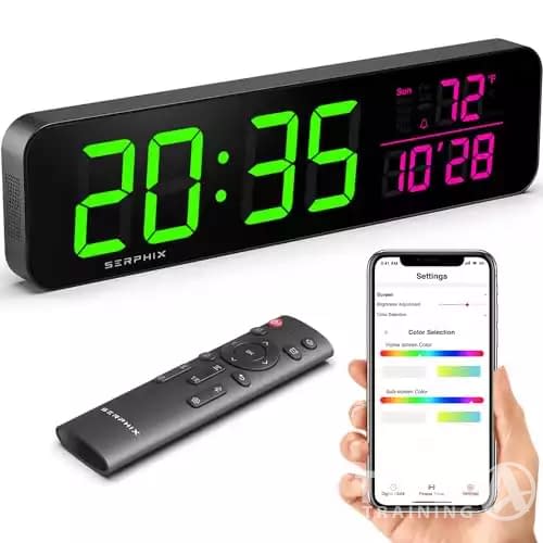 SERPHIX 15.2" Gym Timer, App & Remote Control, Customize LED Color, Voice Countdown Prompt, Interval Workout, Tabata, EMOM, AMRAP, Countdown, Stopwatch, Large Digital Wall Clock for Home Gym