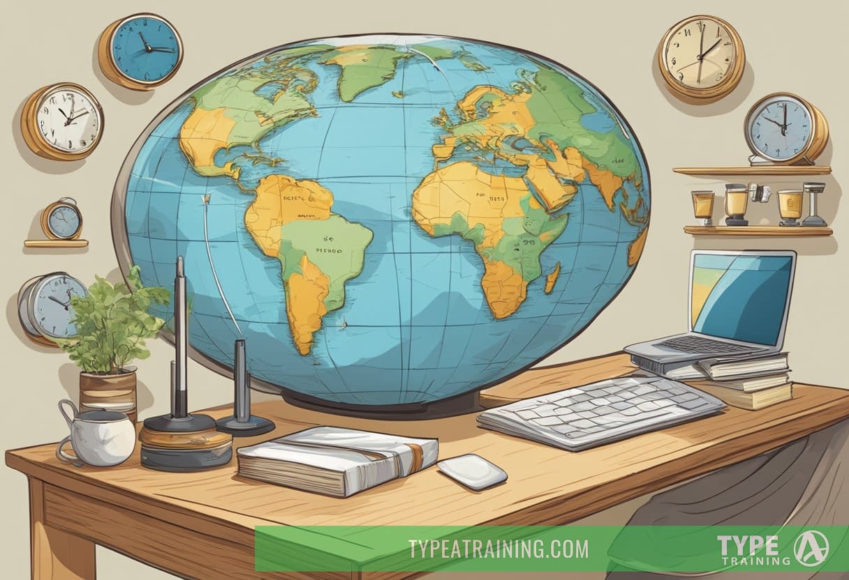 A desk with a globe, showing different time zones. A clock set to different times. A bed with various sleep aids from different cultures