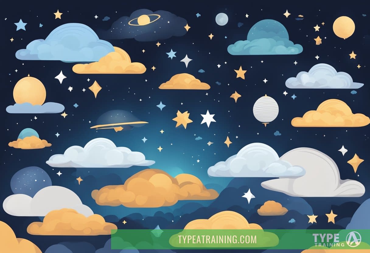 A serene night sky with various cultural symbols floating above, representing different sleep hacks from around the world