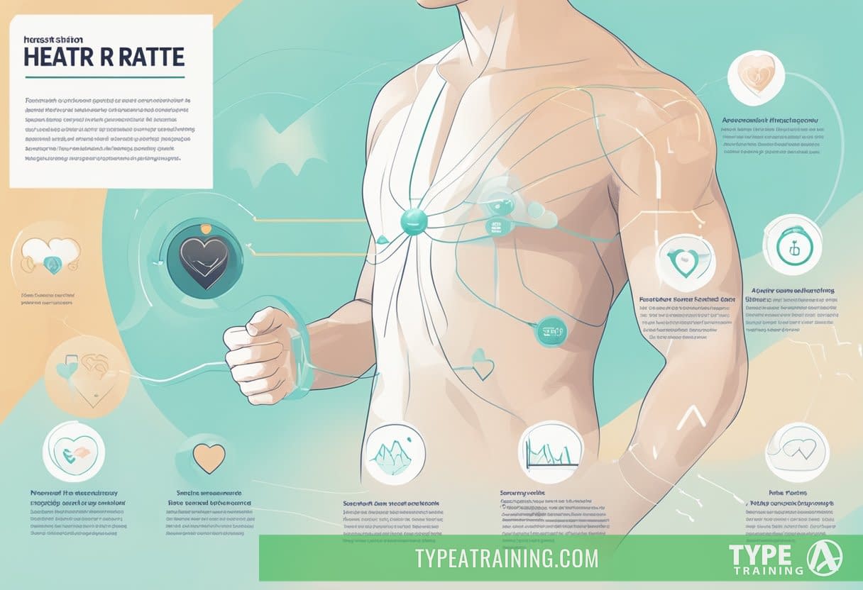 A person wearing a heart rate monitor while exercising, with a visible display showing their heart rate and various benefits listed around them