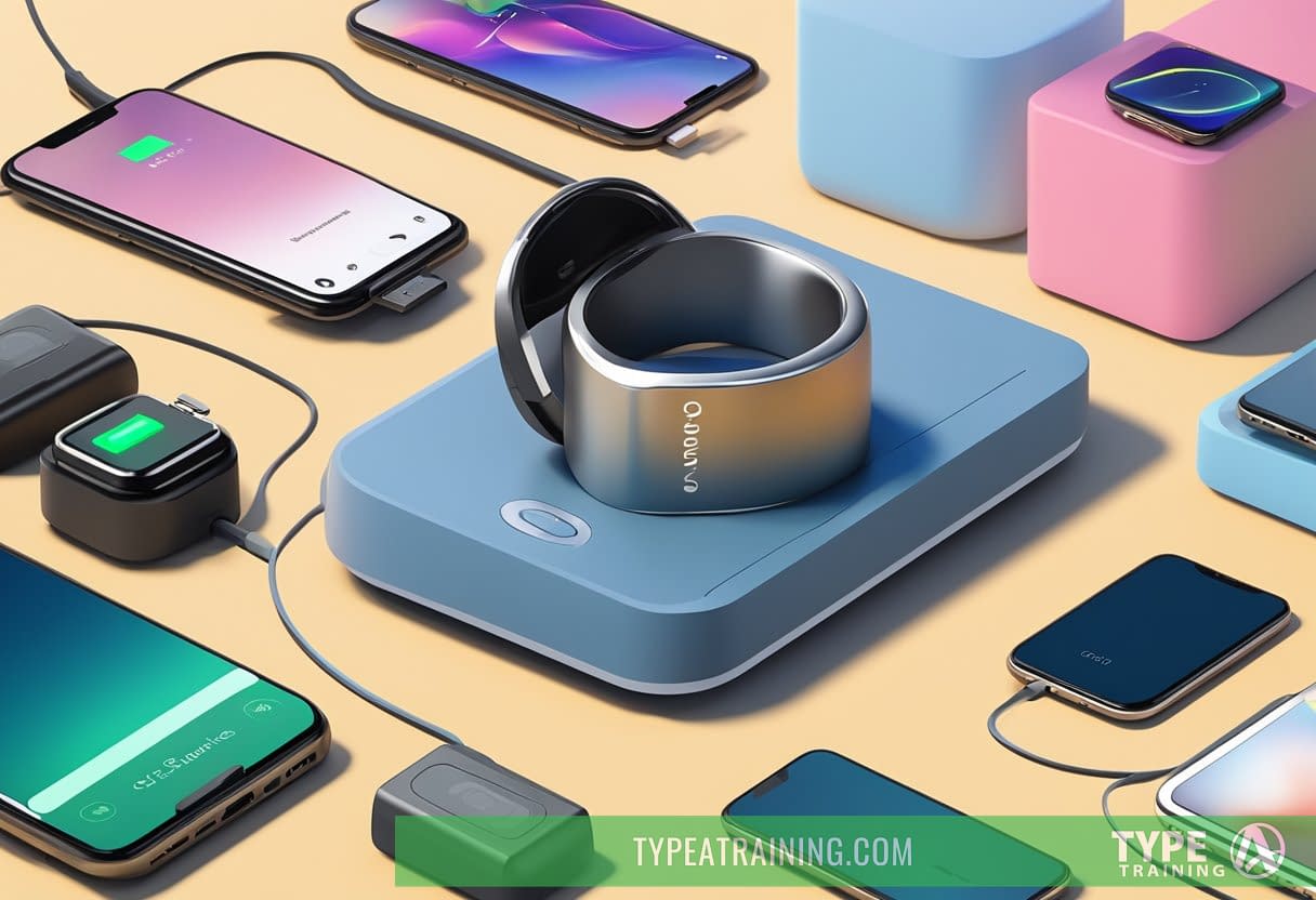 Several smart rings are displayed on a sleek charging dock, surrounded by various charging cables and a battery pack