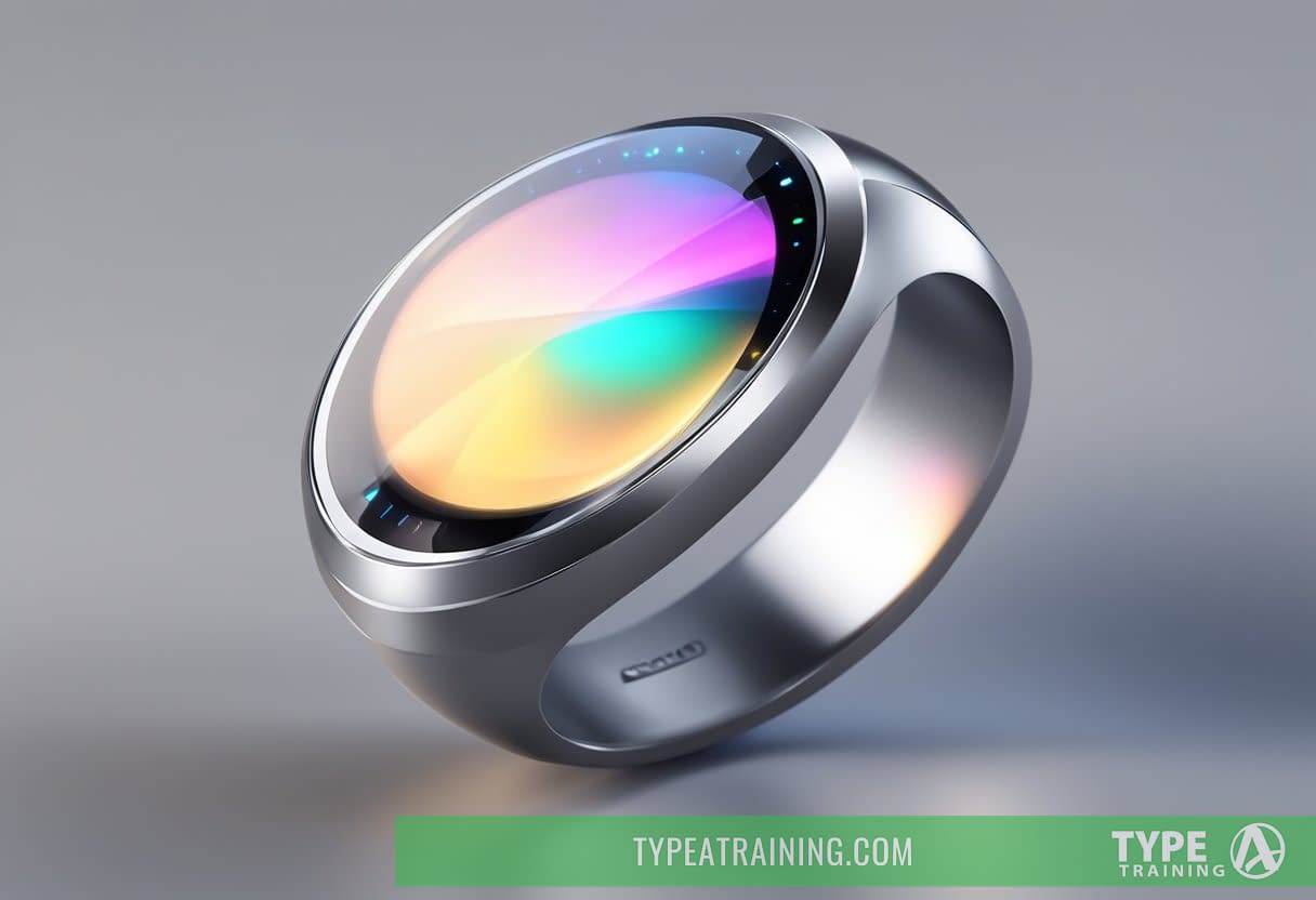 A sleek, futuristic smart ring with glowing LED display and sleek metallic finish, showcasing advanced technology and high performance for 2024