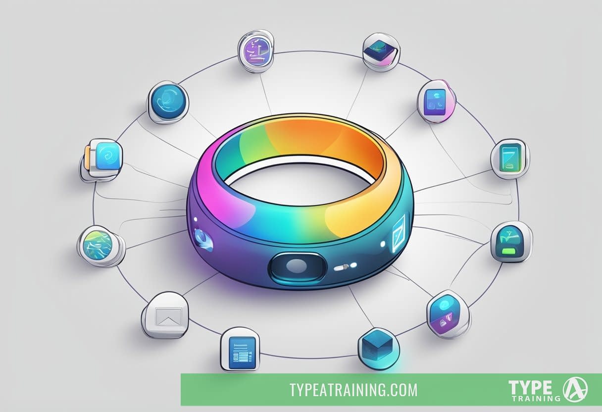 A smart ring surrounded by various app icons, with lines connecting to show connectivity and interaction