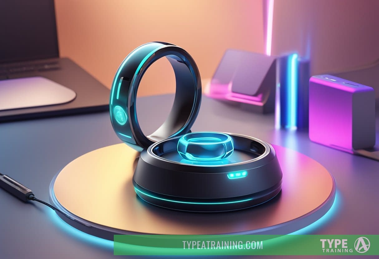 A sleek, futuristic smart ring rests on a charging dock, surrounded by holographic displays and advanced tech gadgets