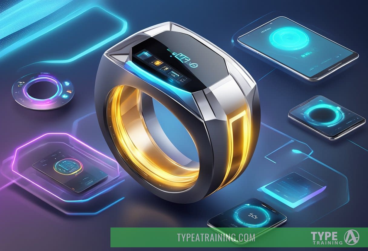 A smart ring glowing with futuristic technology, surrounded by digital displays and sleek design elements