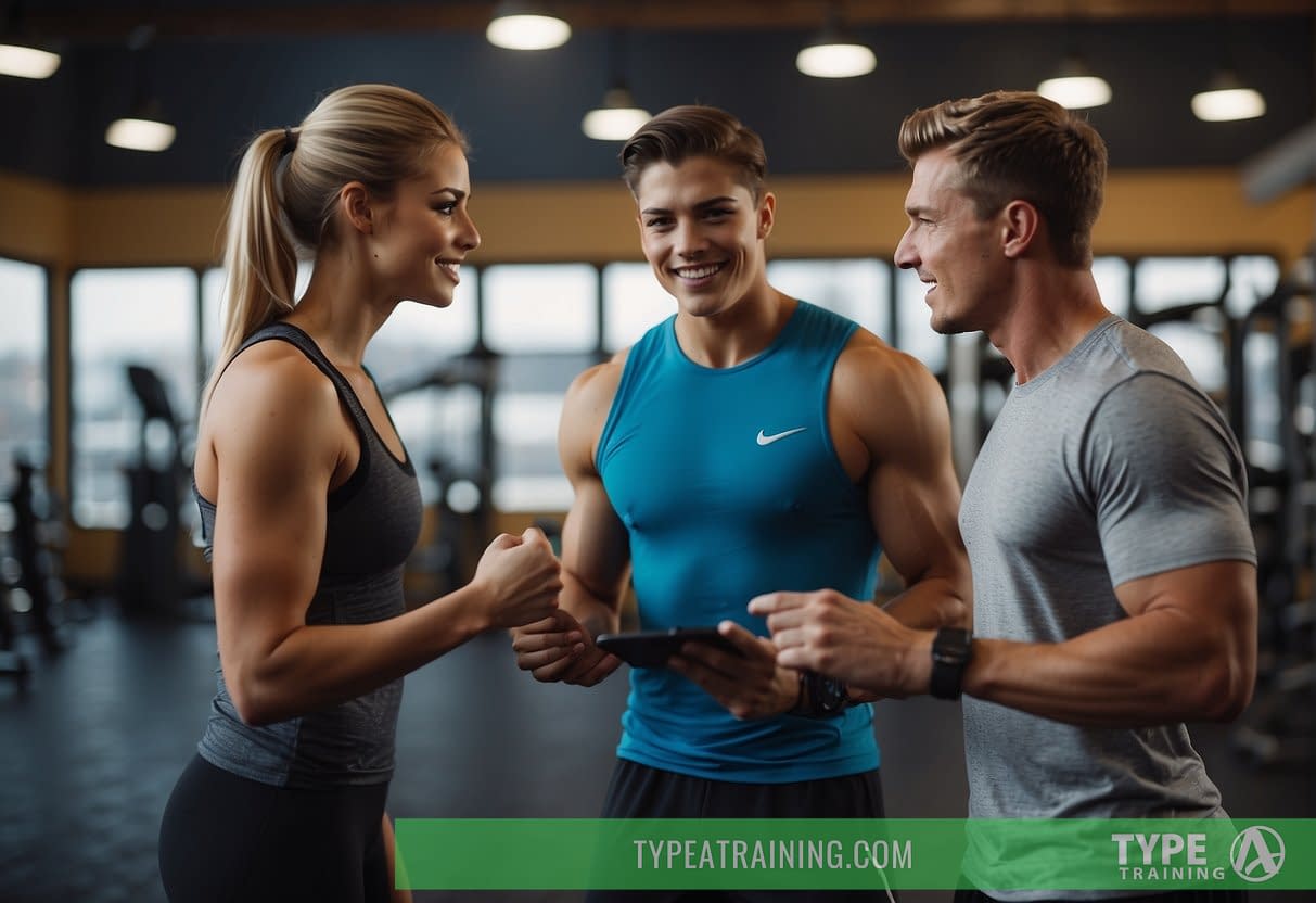 A teenager and a personal trainer discussing fitness goals in a gym setting