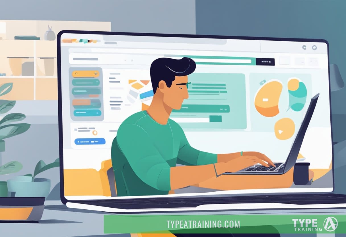 A person sitting at a desk, using a laptop to search for personal trainers online. The screen displays a website with a search bar and options to filter by location and specialty