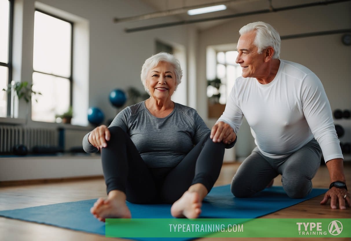 A senior client engaging in light exercise with a personal trainer, focusing on balance and flexibility. The trainer demonstrates patience and understanding