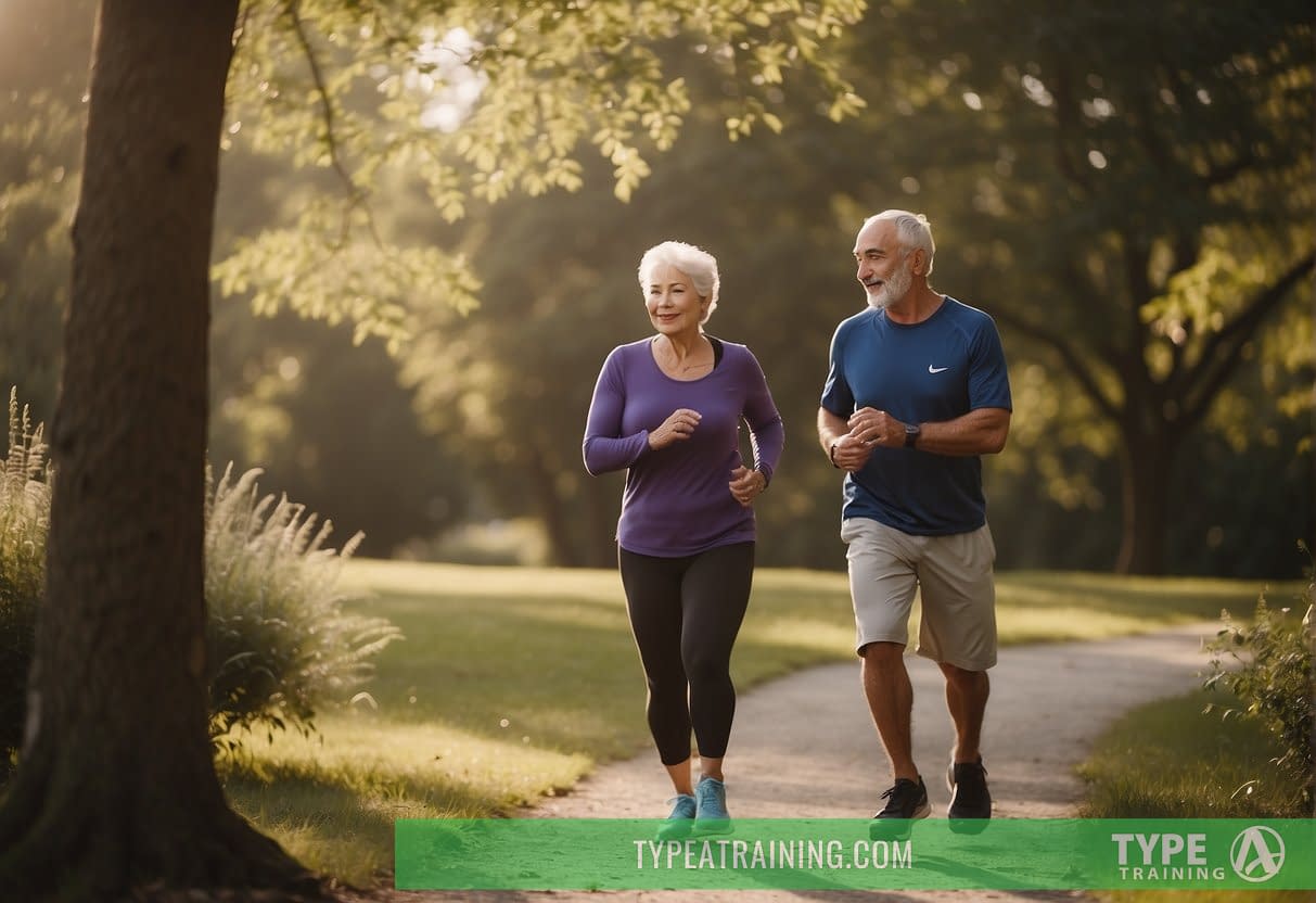 A senior exercising in a peaceful, natural setting with a supportive personal trainer guiding them through gentle movements and providing encouragement