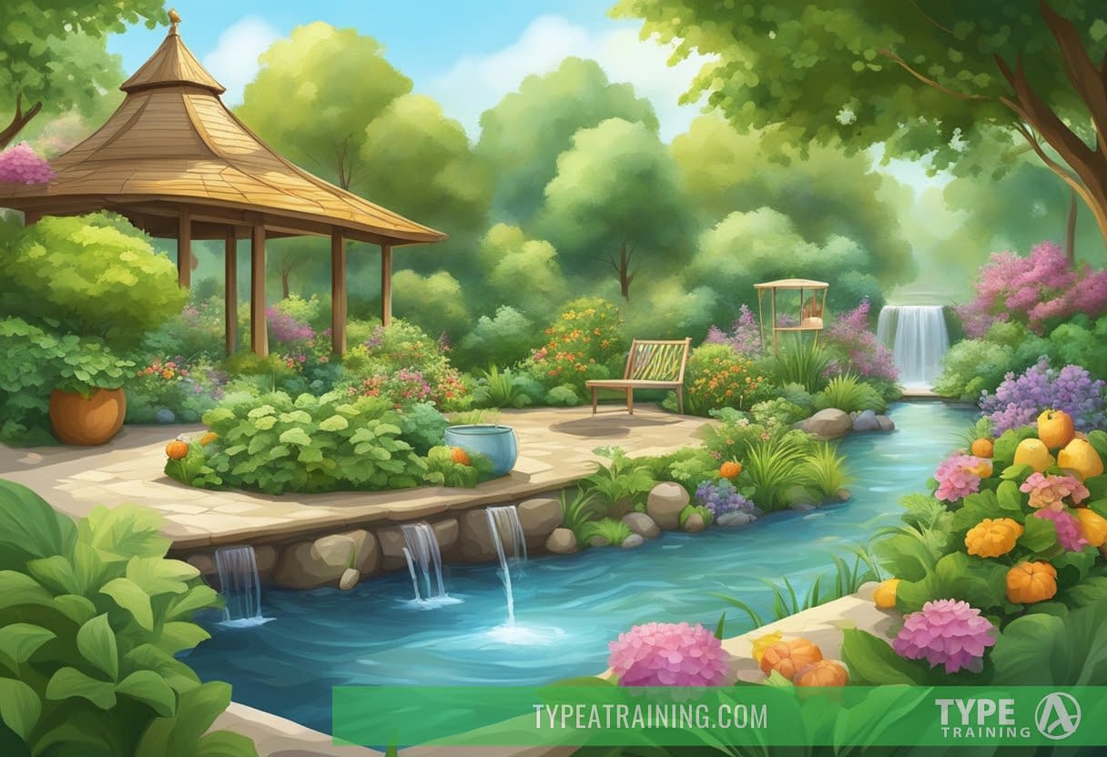 A serene garden with lush greenery, a flowing stream, and a peaceful atmosphere, surrounded by symbols of healthy living like fruits, vegetables, and exercise equipment