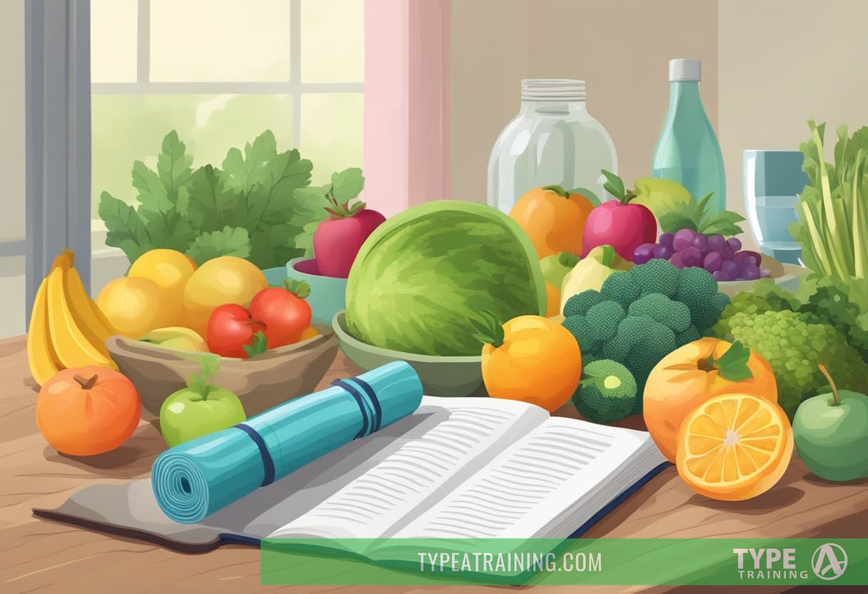 A table with a variety of colorful fruits and vegetables, a glass of water, a pair of running shoes, a yoga mat, and a book on healthy living