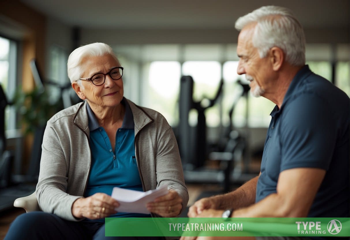 An elderly person sitting in a comfortable chair, discussing fitness goals with a personal trainer. The trainer listens attentively and takes notes