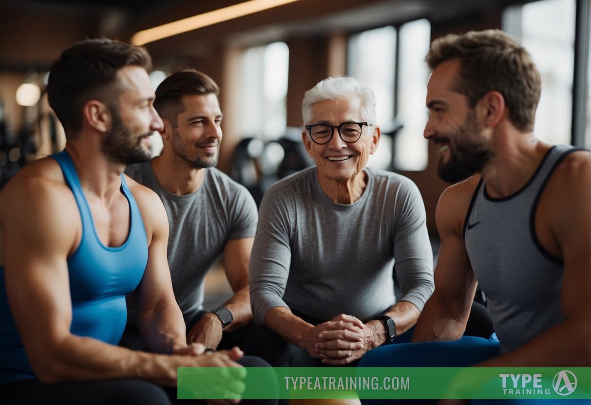 An elderly person sits in a cozy gym, surrounded by various personal trainers. They are engaged in conversation, discussing fitness goals and potential training plans