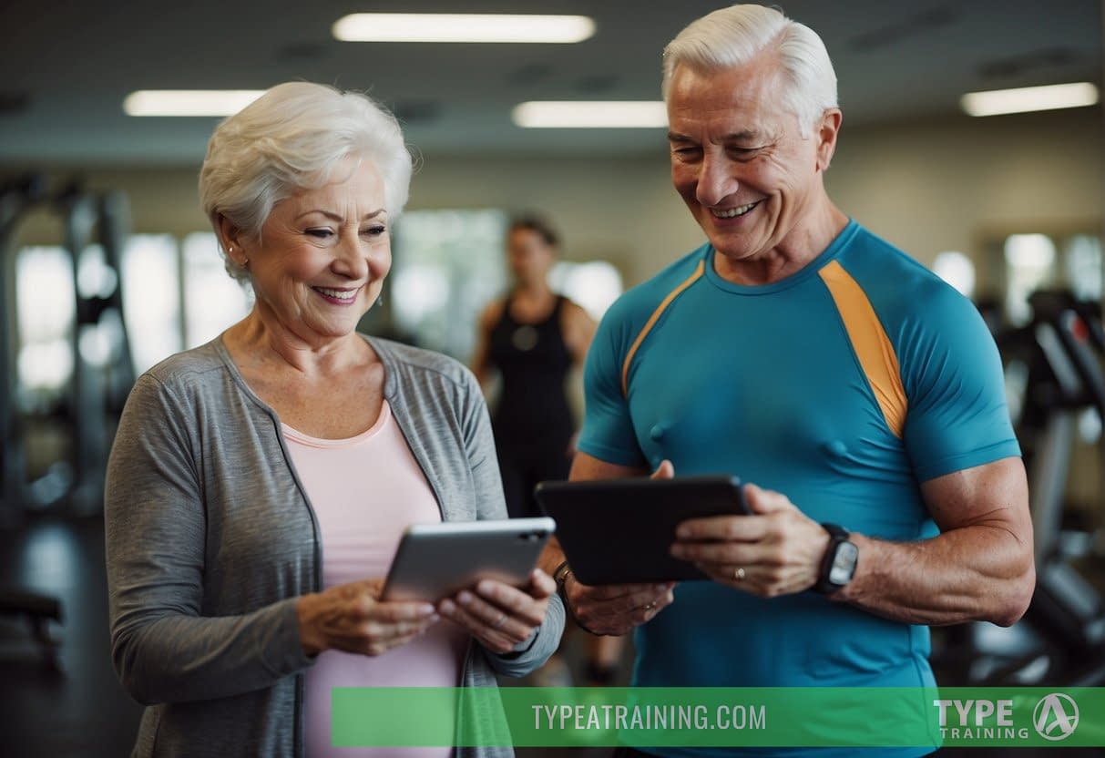 Elderly person using a tablet to connect with a personal trainer. Community fitness center in background
