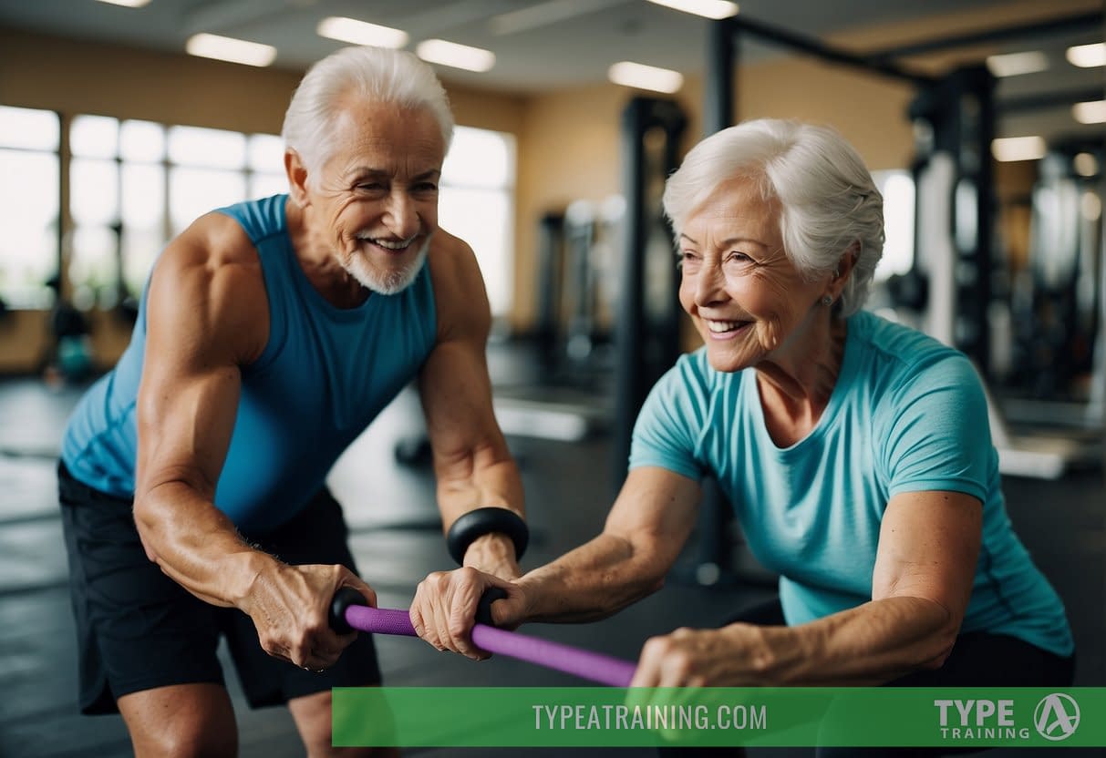 An elderly person working with a personal trainer, using resistance bands and weights to exercise in a bright, spacious gym