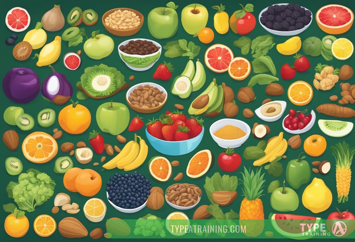 A vibrant array of 50 super healthy foods, including fruits, vegetables, nuts, and grains, are displayed in a colorful and inviting manner